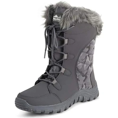Image of Polar Womens Quilted Faux Fur Cuff Winter Duck Rubber Sole Durable Snow Rain Outdoor Boots Grey Camouflage UK3/EU36 YC0655