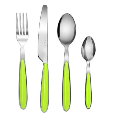 Image of EXZACT Cutlery Set of 24, Stainless Steel with Color Handles 6 Forks, Dinner Knives, Spoons, Teaspoons EX07 (Green x 24)