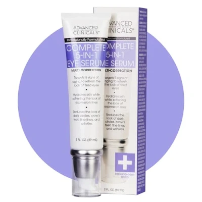 Image of Advanced Clinicals 5 in 1 Multi Correction Anti Aging Eye Serum with Retinol Collagen Vitamin C and Manuka Honey. For dark circles wrinkles crow&#039;s feet fine lines. Large 2oz airless tube.
