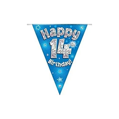 Image of OAKTREE UK 631267 Party Bunting Happy 14th Birthday Blue Holographic 11 Flags 3.9m