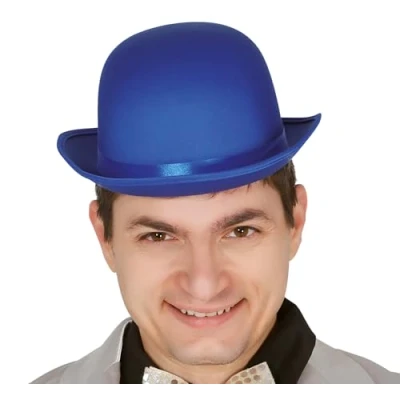 Image of FIESTAS GUIRCA Adult Satin Deluxe Bowler Hat Blue Clown Fancy Dress Up Colourful Halloween Cosplay World Book Day Circus Unisex One Size
