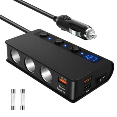 Image of Car Cigarette Lighter Splitter, 2 QC 3.0 and 18W Type C USB Ports, 12V/24V Adapter, 3 Socket 180W Charger Splitter for Camping GPS, Dash Cam, Vacuum