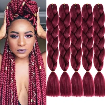 Image of Doren Ombre Jumbo Braids 24 Inches Colorful Synthetic Kanekalon Hair Extensions for DIY Twist Crochet Braiding 5pcs 100g/pc, A19 Burgundy