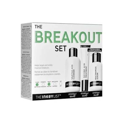 Image of The INKEY List Breakout Set, Salicylic Acid Cleanser, Niacinamide Serum &amp; Succinic Treatment, Nourishing Skincare Targets Breakouts, Suitable For Blemish Prone Skin