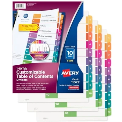 Image of Avery 10 Tab Dividers for 3 Ring Binders, Customizable Table of Contents, Multicolor Tabs, Sets (11072)