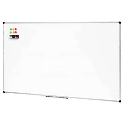 Image of Amazon Basics Magnetic Whiteboard with Pen Tray, Aluminium Trim and Dry Wipe Writing Surface, 90 x 60cm (WxH), White