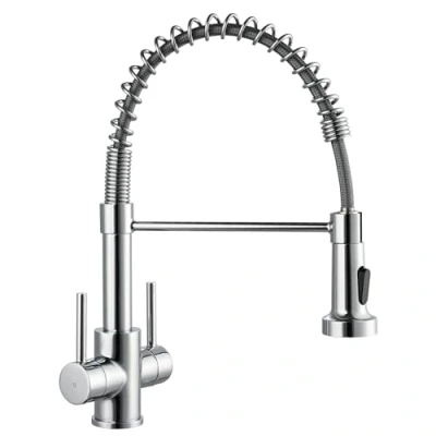 Image of Peppermint Kitchen Taps with Pull Out Spray Dual Lever Tap Chrome Mixer Spring Down Sink Brass 360 Swivel Spout