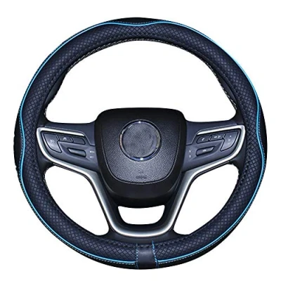 Image of New Microfiber Leather Steering Wheel Cover for Truck Tundra (Black Blue, 15.25&#039;&#039; 16&#039;&#039;)