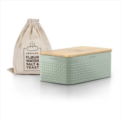 Image of LARS NYSØM Bread bin I Metal box with linen bag for long lasting freshness bamboo lid usable as cutting board 13.4x7.3x5.3In (Sage Green)