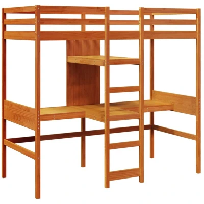 Image of vidaXL Loft Bed Frame with Desk Bunk In Wax Brown Solid Pine Wood, Guardrails, Two Built Ladders, Space saving Design, 205.5x87.5x190.5 cm for Small Bedrooms