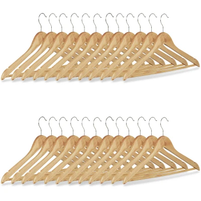 Image of Relaxdays Coat Hanger Set, Wooden Trouser Hangers, Clothes Hangers with Swivel Hooks H x W: 22.5 44.5 cm, Natural, Various Sets