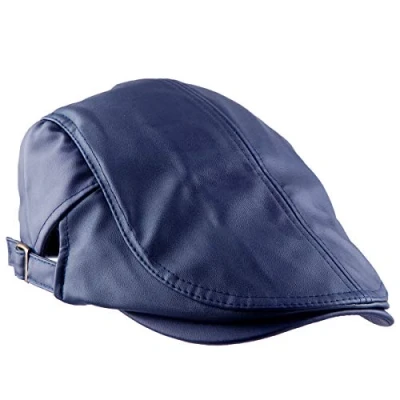 Image of KYEYGWO Flat Caps for Men, PU Leather Newsboy Peaked Cabbie Ivy Gatsby Beret Hat Driving Cap(Dark Blue)(Size: One Size)