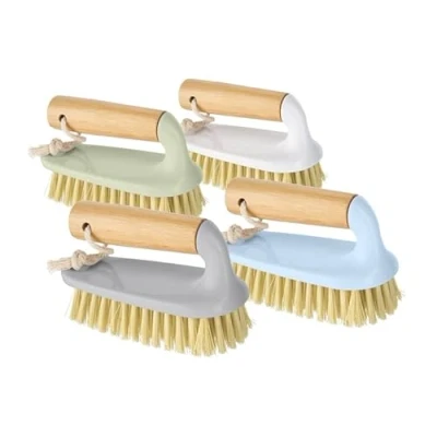 Image of Scrubbing Brush with Bamboo Handle Heavy Duty Stiff Bristles for Cleaning Floors Carpets Bathroom and Kitchen Dishes Assorted Colours Pack of 2