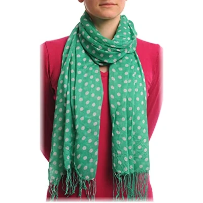 Image of LissKiss White Polka Dots On Green With Tassels Designer Scarf