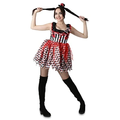 Image of Ladies Halloween Clown Fancy Dress Costume Large Scary Evil Killer Outfit With Stripe &amp; Harlequin Print and Miniature Fascinator Hat on Headband