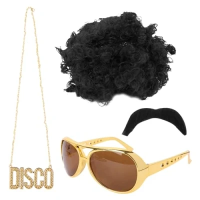 Image of 4 PCS Disco Hippie Costume Men Set, 70s Fancy Dress Funky Afro Wig for 80s Hippy Sunglasses Necklace Fake Mustache Kids Mens Women (Black)
