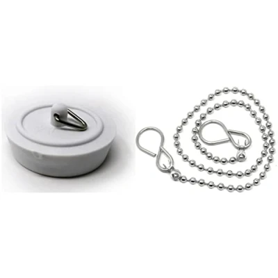 Image of fiXte Replacement Sink Plug Shower Bath White 45mm (1 3/4&quot;) with 450mm (18&quot;) Chain or 38mm 1/2&quot;) 300mm (12&quot;) (45mm 18&quot; Chain)