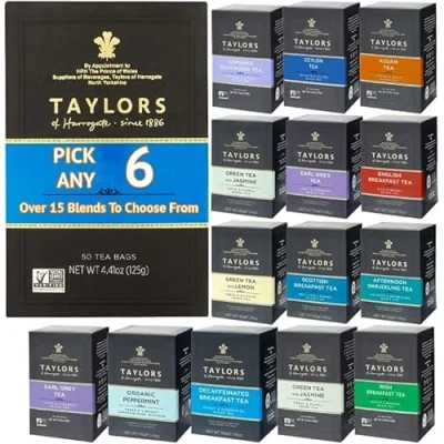 Image of Taylors of Harrogate Tea Bags. PICK ANY 6 Boxes (20 Individually Wrapped BAGS Each Pack) from 20+ Flavours Inc. Green tea, Peppermint, White English Breakfast, Cinnamon, Darjeeling 120