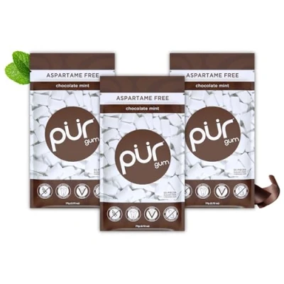 Image of PUR Gum Sugar Free Chewing Made with Xylitol Vegan, Aspartame Free, Gluten and Keto Friendly Natural Chocolate Mint Flavoured Gum, 55 Pieces (Pack of 3)