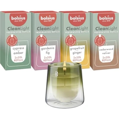 Image of Bolsius CleanLight Starter Set Refillable Scented Candle Holder &amp; 9 Refills Multiple Fragrances Green Burning Time of 20 Hours Natural Extracts Vegan Wax No Palm Oil