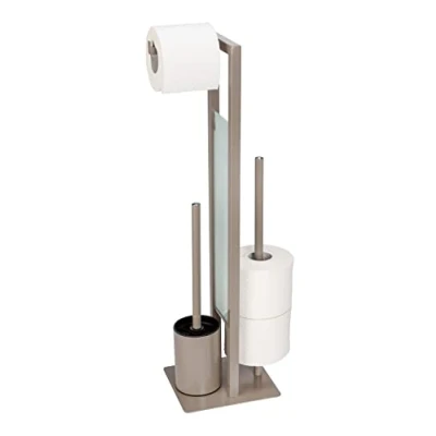 Image of Wenko Rivalta Freestanding Brush Set with Toilet Roll Holder Matt Varnished Steel Safety Glass Separator Plate 18 x 70 23 cm, Alloy Tempered Polypropylene (PP), Taupe/Black