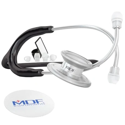 Image of MDF MD One Stainless Steel Stethoscope, Adult, Black Tube, Silver Chestpieces Headset, MDF77711