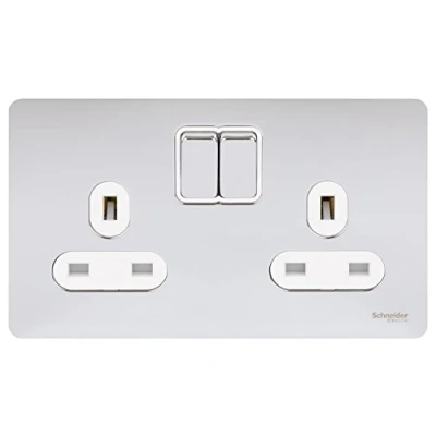 Image of Schneider Electric Ultimate Screwless Flat Plate Switched Double Power Socket, Pole, 13A, GU3420DWPC, Polished Chrome with White Insert
