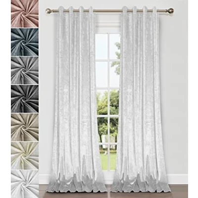 Image of Home Direct Pair of Crushed Velvet Curtains, Eyelet Ring Top, Unlined, White, 2 panels, 140cm x 175cm 55&quot; 68&quot;