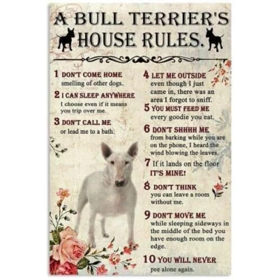 Image of Funny Metal Signs A bull terrier&#039;s house rules Retro Tin Vintage For Sign Home Wall Art, 12x8 Inches Bathroom Decor