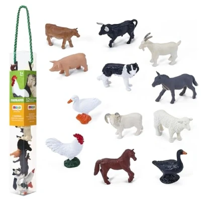 Image of MOJO Mini Farm Figure Playset 12pc Cow, Bull, Goat, Dog, Donkey, Duck, Goose, Sheep, Ram, Rooster, Horse Hand Painted Toy Figures True to Life &amp; Highly Detailed Designed in UK
