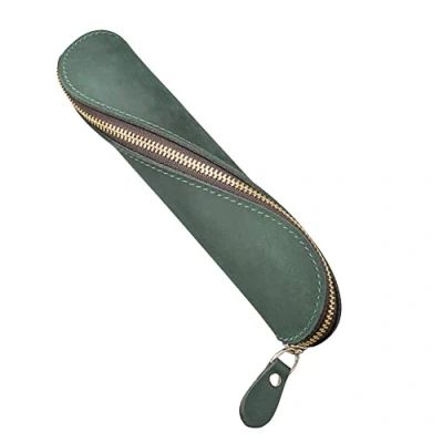 Image of Leather Pen Case, Vintage Zippered Pencil Pouch Holder Case Can Hold 6 8 Pens for Work Office