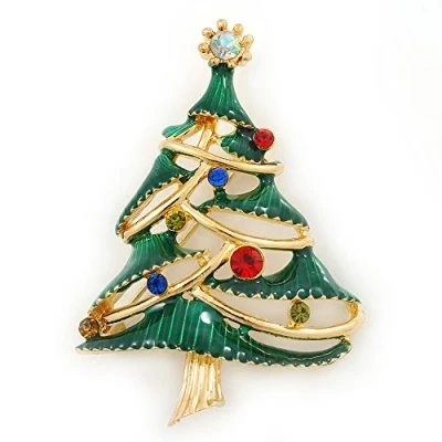 Image of Avalaya Multicoloured Austrian Crystals Green Enamel Christmas Tree Brooch in Gold Plating 55mm Length