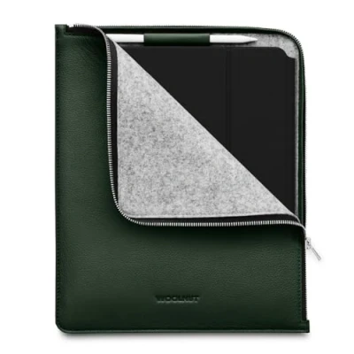 Image of WOOLNUT Leather Folio Cover Case for iPad Pro 13 inch &amp; Air Green, with Pencil Holder, Premium Full grain Leather, Zipper/iPad 12.9 13(M4, 2024) Compatibility