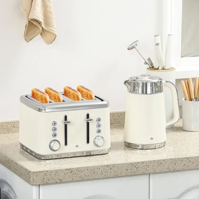 Image of HOMCOM 1.7L 3000W Rapid Boil Kettle and 4 Slice Toaster Set Crumb Tray Cream