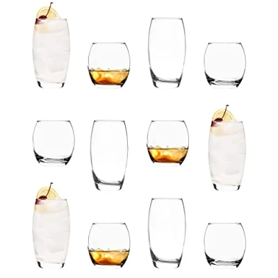 Image of LAV 12pc Clear Empire Glassware Set Mixed Glass Highball Cocktail Gin Glasses and Water Whiskey Drinking Tumblers