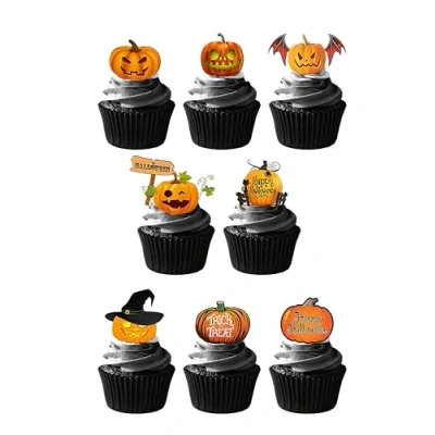 Image of 24 Stand Up Halloween Pumpkins Premium Edible Wafer Paper Cake Toppers Decorations
