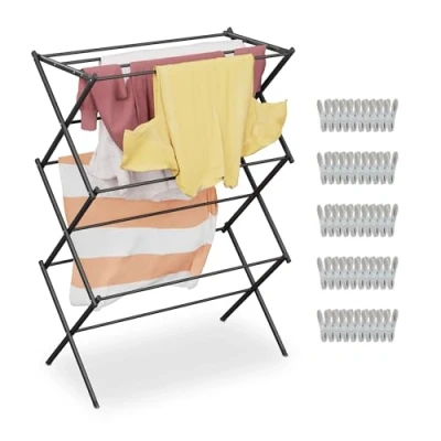 Image of Relaxdays Collapsible Clothes Dryer, with 11 Rails on 6 Tiers, Tower Drying Rack, Metal Airing, 38 x 74 102 cm, Black, Iron