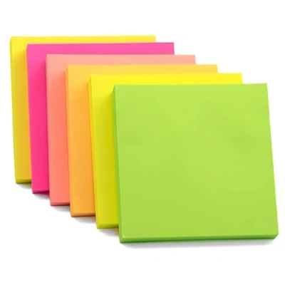 Image of Evergreen Goods 6 Sticky Notes Bright Colorful Pads for Office Home &amp; School Removable Adhesive Memo Pad in Yellow Pink Orange Green Peach Colors 100 Sheets per Size 76x76mm (3&quot;x3&quot;)