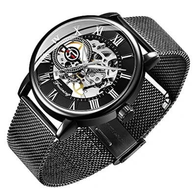 Image of Dentily Men&#039;s Skeleton Watch Classic Roman Numeral Steampunk Mechanical Hand Wind Mens Watches (Blue), black, Watch,Mechanical
