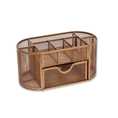 Image of OSCO Rosegold Wiremesh Organiser with Drawer Desk Tidy Pen Holder Office Storage Pencil 8 Compartments Stationery Caddy H10.5 x W22 D11 cm
