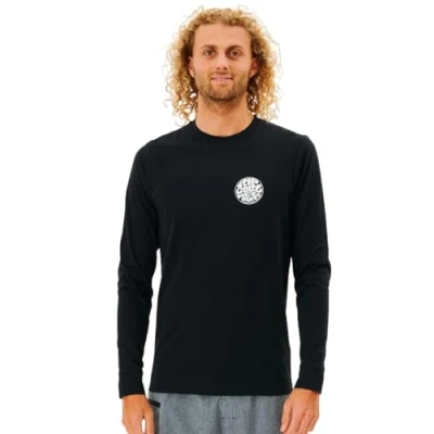 Image of Rip Curl Men&#039;s Icons of Surf Long Sleeve UPF 50+ Loose Fit Rashguard Rash Guard Shirt, Black, Large