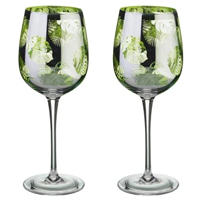 Image of Artland Tropical Leaves Wine Glass Set of 2, Glass, Green,