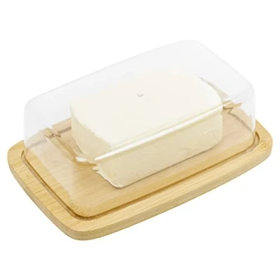 Image of URBNLIVING Bamboo Or Stainless steel Butter Dish &amp; Acrylic Lid Kitchen Breakfast Dining (Bamboo Base Dish)