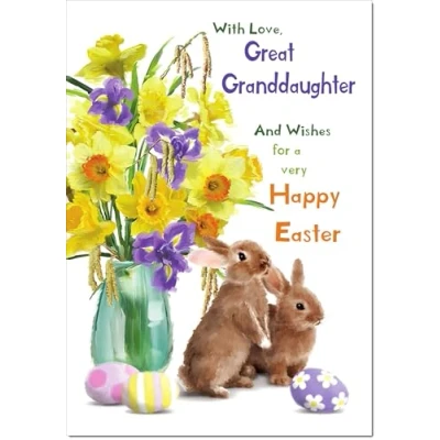Image of doodlecards Great Granddaughter Easter Card Vase of Daffodils with Bunnies and Eggs Medium Size Plain Envelope