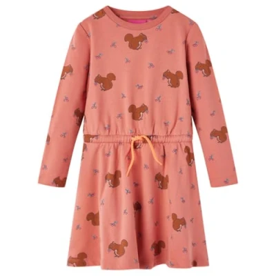 Image of vidaXL Girls&#039; Old Rose Dress with Squirrels Print, Long Sleeved, Round Neckline, Cotton Elastane Material, Size 140 for 9 10 Years
