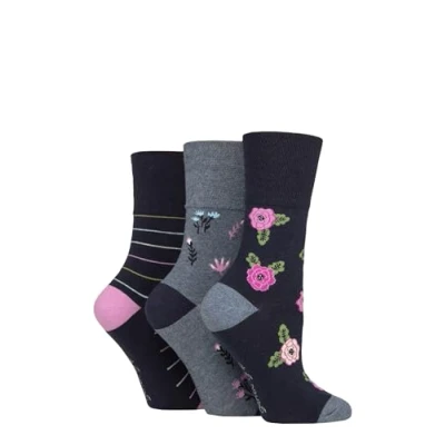 Image of Women&#039;s 3 Pair Gentle Grip Cotton Patterned and Striped Socks Opulant Blossom Blue / Navy 4 8