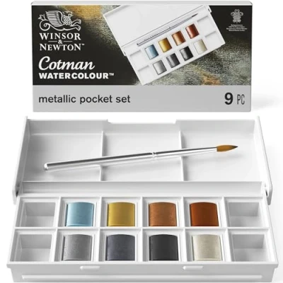 Image of Winsor &amp; Newton, Cotman Watercolour,Half Pan Metallic Pocket Set, 8 x Half Pans + 1 Travel Brush