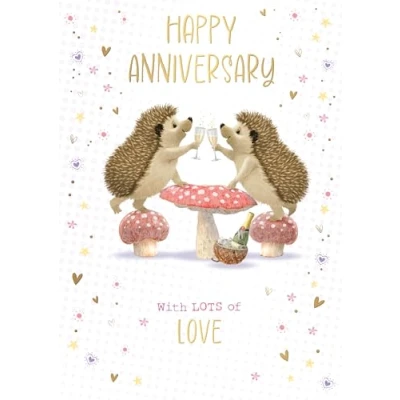 Image of Words &#039;n&#039; Wishes Large Anniversary Card Hedgehog Champagne Toast on Toadstools with Embossed Foil Details Eco Friendly