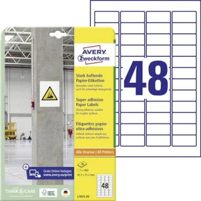 Image of AVERY Zweckform L7873 20 Strong Adhesive Labels (960 Stickers, 45.7 x 21.2 mm on A4, Extremely Self Adhesive, Even for Difficult Surfaces, Printable Power Labels), Sheets, White