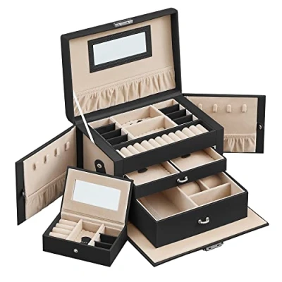 Image of SONGMICS Jewellery Box 3 Layers, Organiser with 2 Drawers, Case Portable Travel Case, Handle, Lockable, Storage, Gift for Loved ones, Black JBC121B